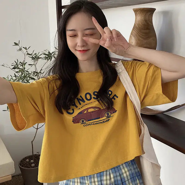 Short Sleeve T-Shirt for Women in yellow with playful graphic design, perfect for summer style.