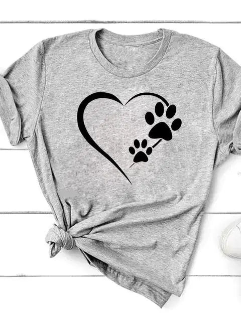 Short Sleeve T-Shirt for Women with heart and paw print design in gray fabric.