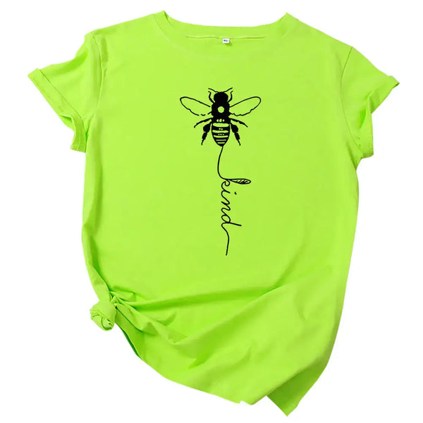 Short Sleeve T-Shirt for Women in vibrant neon green with a bee and 'kind' graphic design.