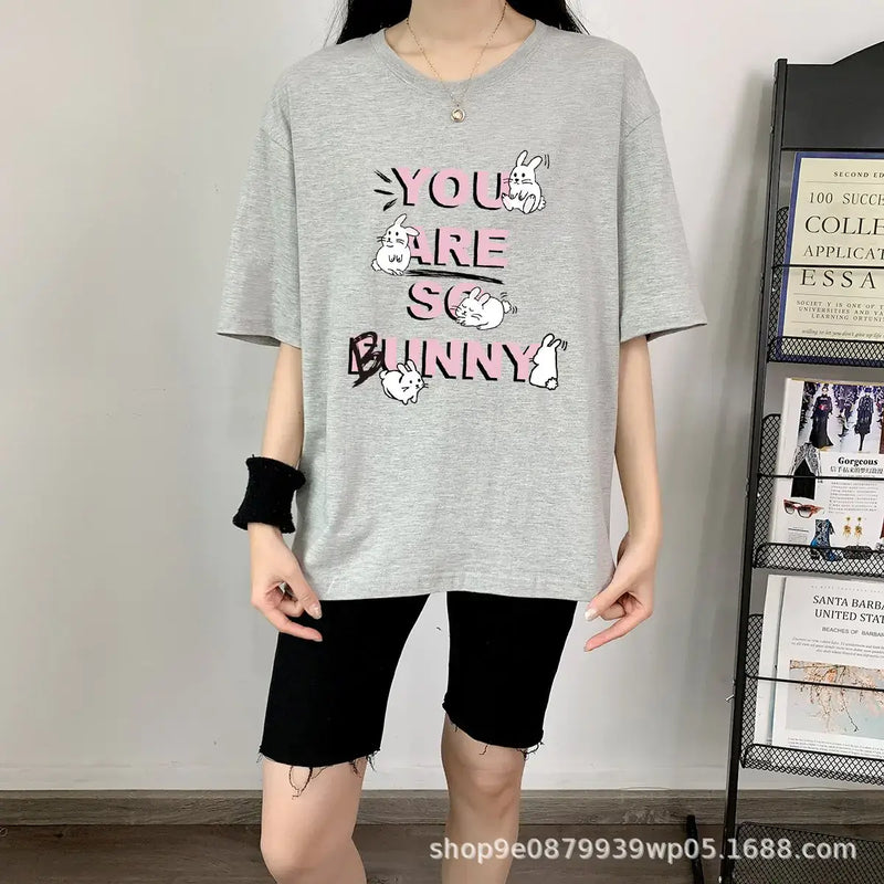 Short Sleeve T-shirt For Women's featuring playful bunny graphic in gray color, perfect for casual outings.