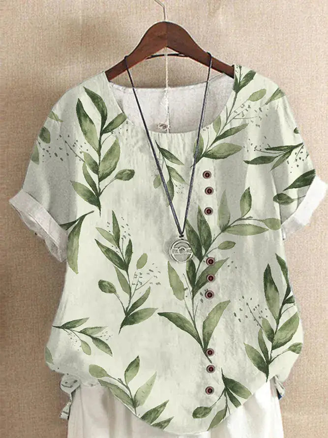 Summer Vintage Cotton Linen Loose T-Shirt featuring a stylish leaf print design and button details on a comfortable fit.