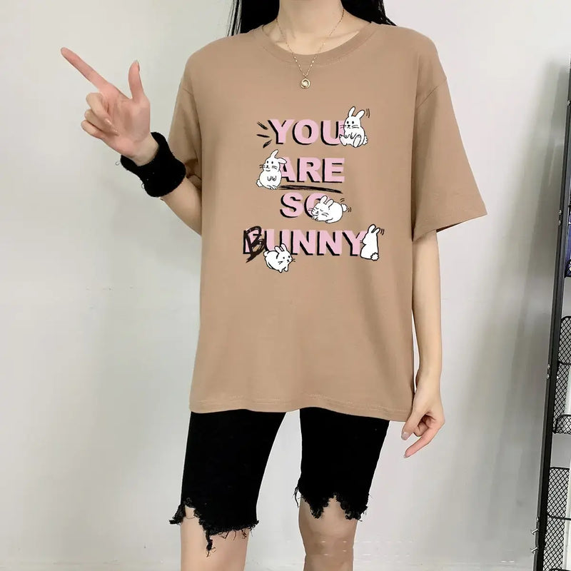 Short Sleeve T-shirt For Women's featuring playful bunny design in soft cotton blend.
