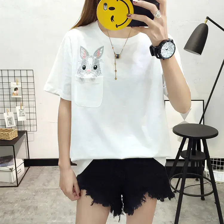 Short Sleeve T-Shirt for Women with playful rabbit embroidery, perfect for style and comfort.