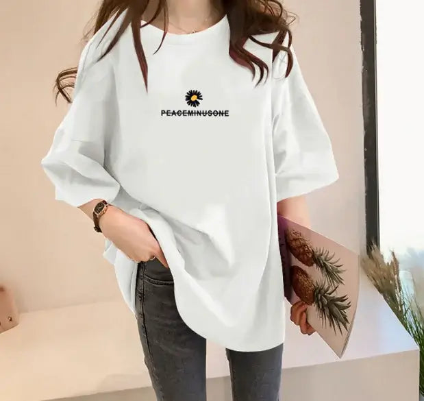 Short Sleeve T-Shirt for Women featuring a charming design with a peace theme and daisy print.