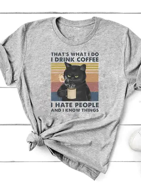 Short Sleeve T-Shirt for Women featuring a humorous cat design and coffee theme, perfect for casual wear.