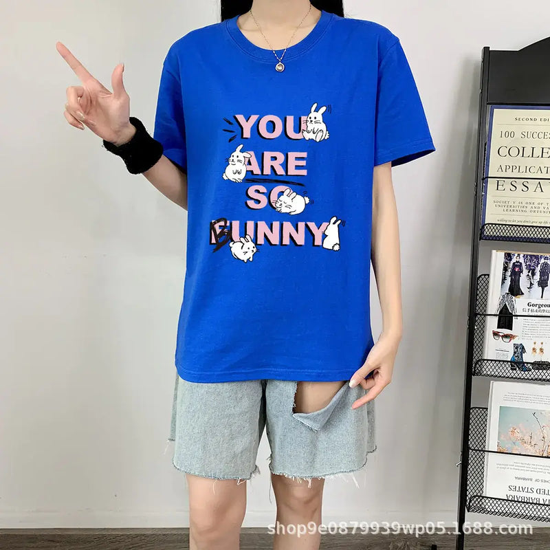 Short Sleeve T-shirt For Women's in blue featuring playful rabbit graphics and text saying 'You Are So Funny'.
