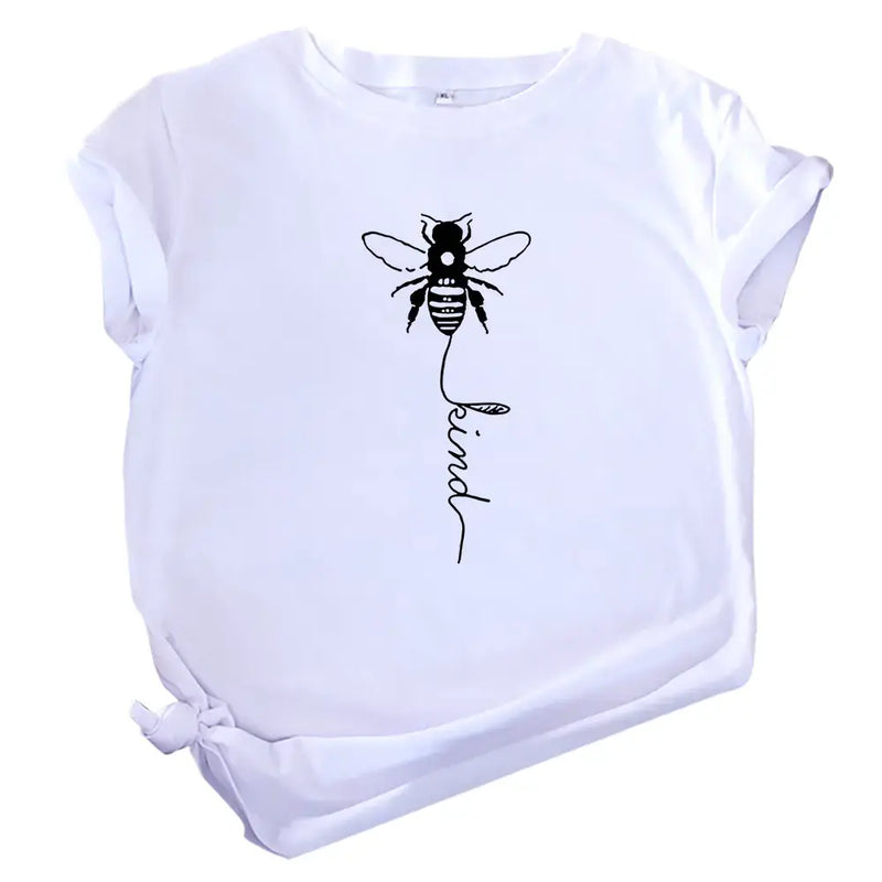 Short Sleeve T-Shirt for Women with a bee graphic and the word 'kind' printed in black on a white tee.