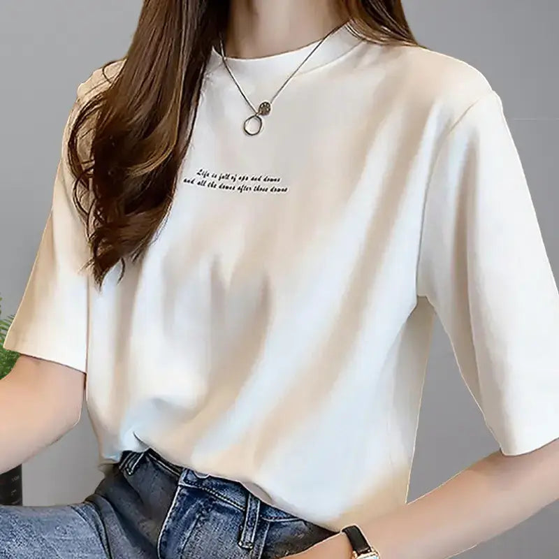 Short Sleeve T-Shirt for Women in white, featuring relaxed fit and stylish round neck, perfect for summer outings.