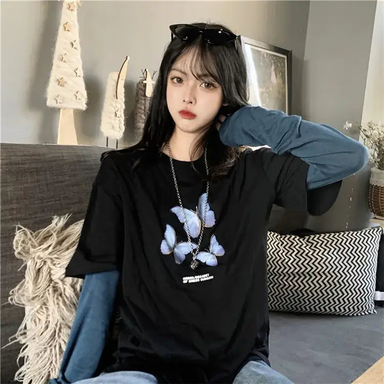 Short Sleeve T-Shirt for Women featuring butterfly print in a relaxed fit, perfect for summer styling.