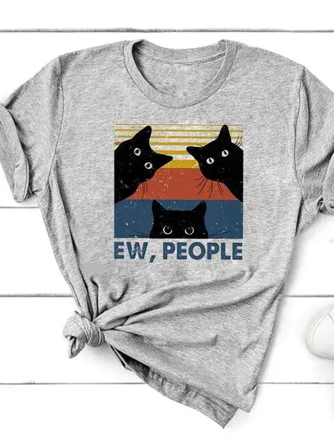 Short Sleeve T-Shirt for Women featuring a playful cat graphic with the text 'EW, PEOPLE' on a gray background.