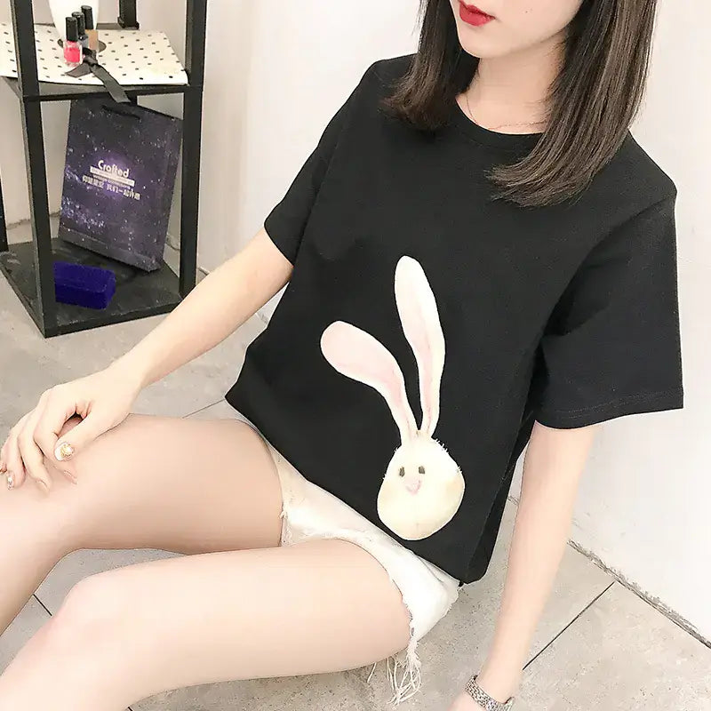 Short Sleeve T-Shirt for Women featuring playful bunny design and loose fit, perfect for summer wear.