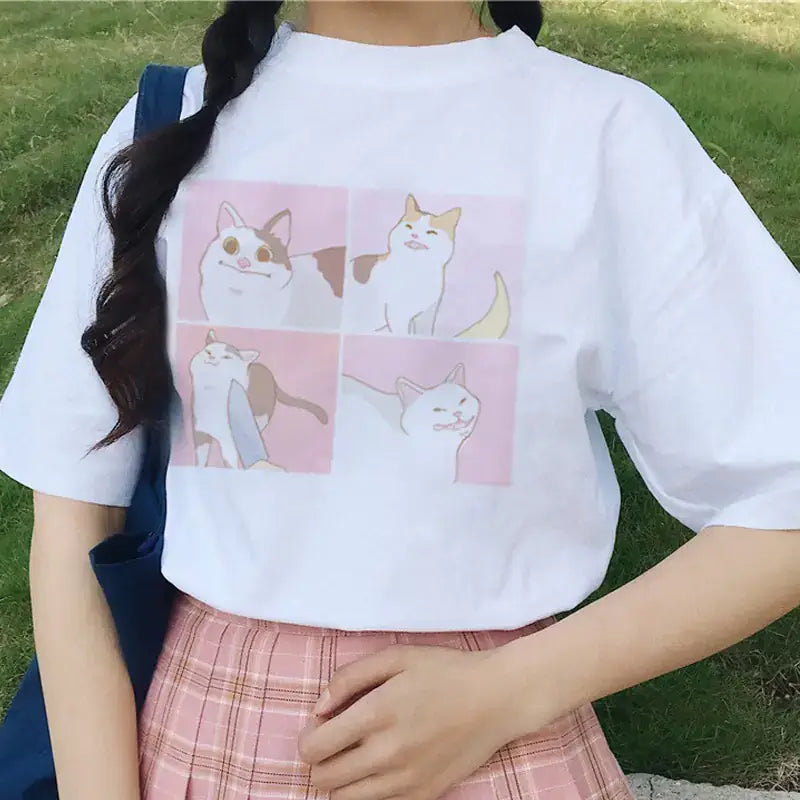 Women's Short Sleeve T-Shirt featuring a quirky cartoon cat print, perfect for casual summer outings.