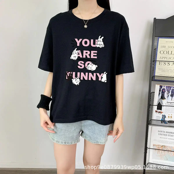 Short Sleeve T-shirt For Women's featuring a playful rabbit design in stylish black.