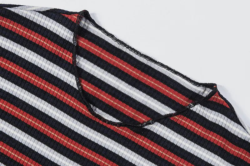 Close-up of a striped short sleeve T-shirt for women with a round neckline in autumn colors.