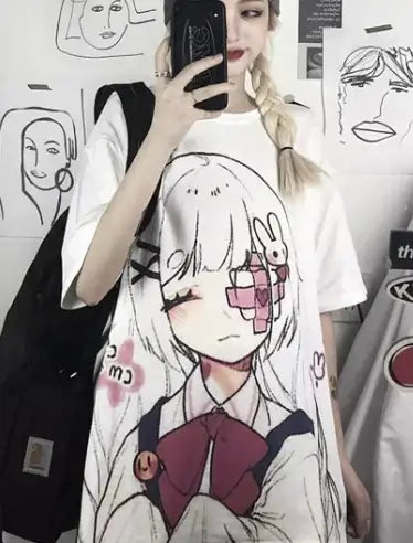 Short Sleeve T-Shirt for Women featuring trendy anime cartoon design, ideal for summer styling and comfort.