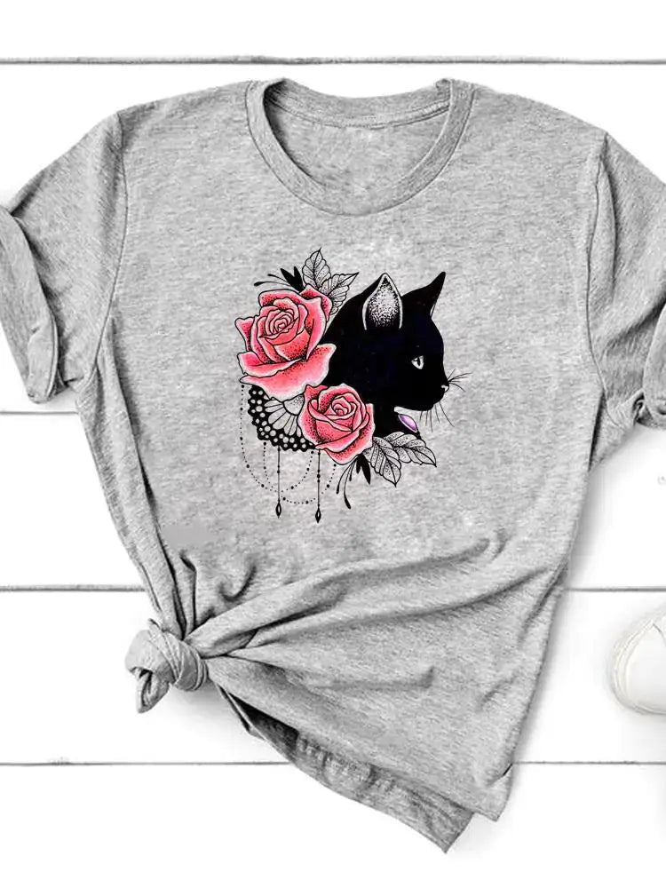Short Sleeve T-Shirt for Women featuring a black cat design with roses, perfect for pet lovers.