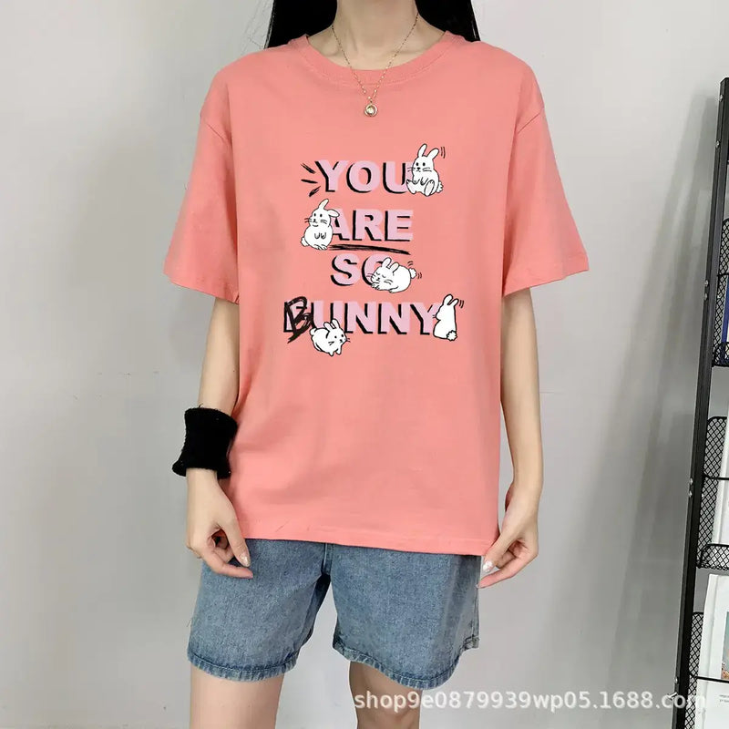 Short Sleeve T-shirt For Women's featuring a playful bunny design in soft pink cotton.