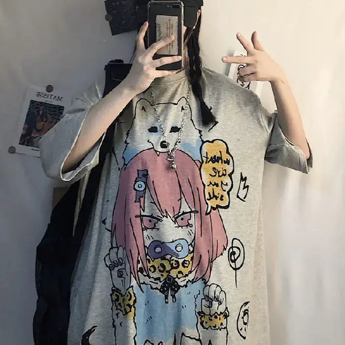 Short Sleeve T-Shirt for Women featuring trendy anime cartoon design and comfortable fit.