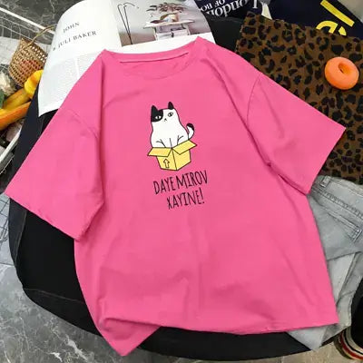 Short Sleeve T-Shirt For Women's in pink with cute cat print design.