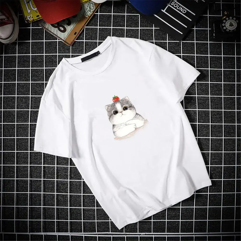 Women's Summer Short Sleeve T-Shirt featuring a cute cat design on a white tee.