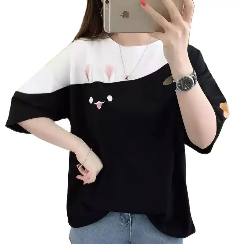 Women's Short Sleeve T-Shirt featuring cute rabbit embroidery and a playful design.