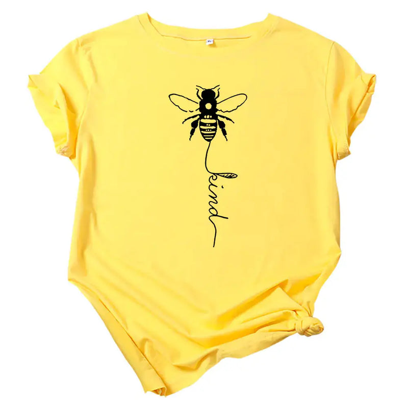 Short Sleeve T-Shirt for Women in yellow with bee and kind print, perfect for casual outings.