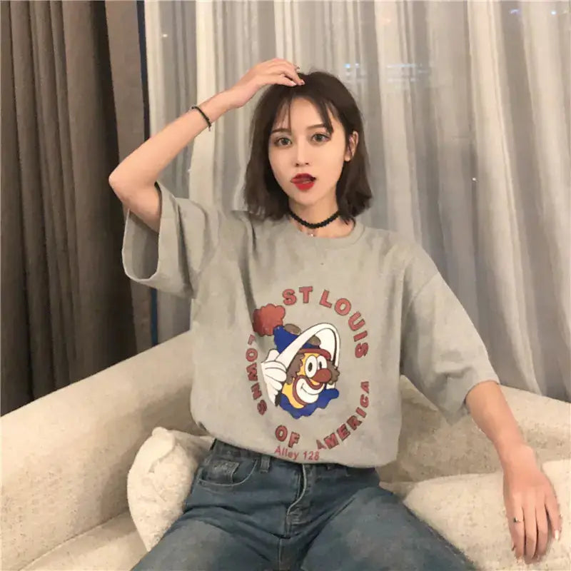 Short Sleeve T-Shirt For Women's featuring a fun graphic design in grey and a relaxed fit for casual style.