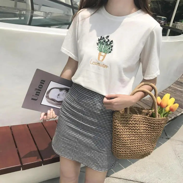 Embroidered Lavender Short Sleeve T-Shirt for Women