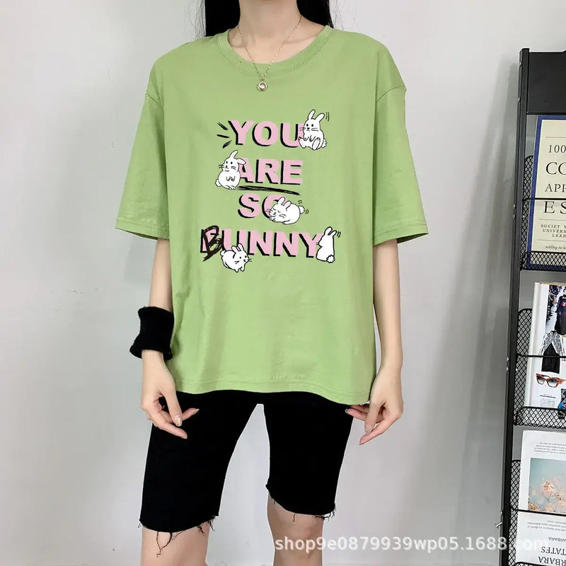 Short Sleeve T-shirt For Women's in green with playful rabbit print and slogan, perfect for casual wear.