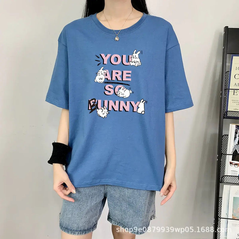 Short Sleeve T-shirt For Women's featuring a playful rabbit design in blue fabric, perfect for casual wear.