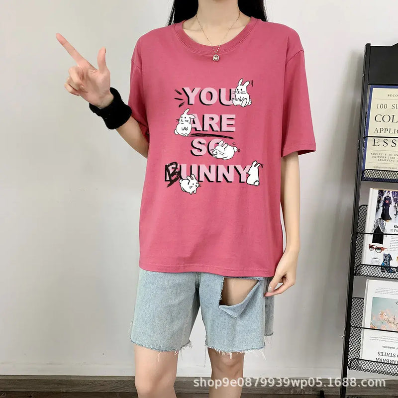 Short Sleeve T-shirt For Women's in pink with playful rabbit print and relaxed fit.