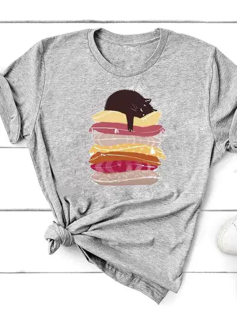 Short Sleeve T-Shirt for Women featuring a cute cat design on a gray background.