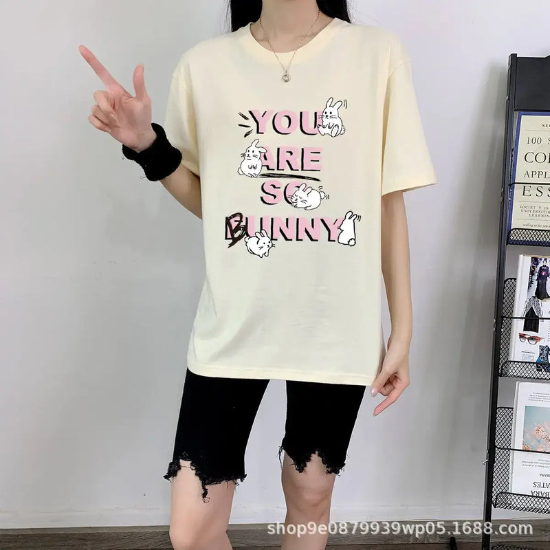 Short Sleeve T-shirt For Women's featuring playful bunny graphic design, perfect for casual and comfortable wear.