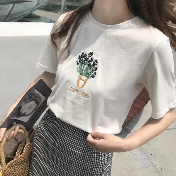 Embroidered Lavender Short Sleeve T-Shirt for Women