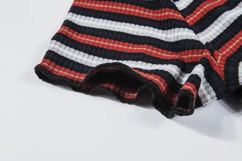 Short Sleeve T-Shirt for Women close-up of striped fabric and hem detail.