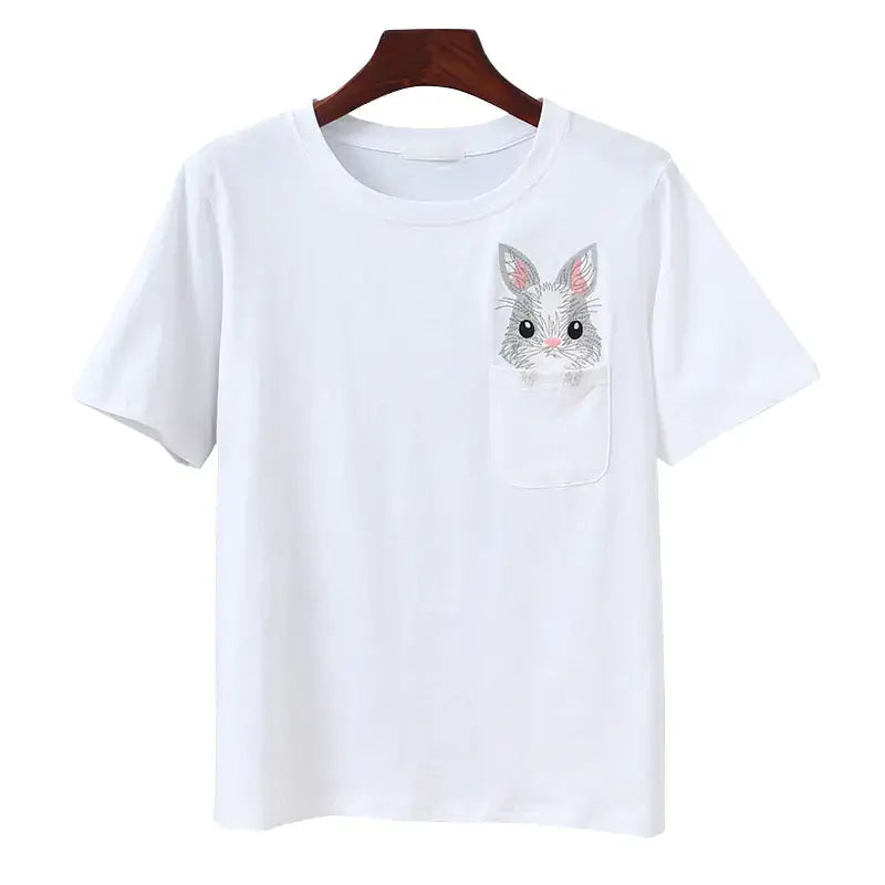 Short Sleeve T-Shirt for Women featuring playful rabbit embroidery in a soft white cotton blend.