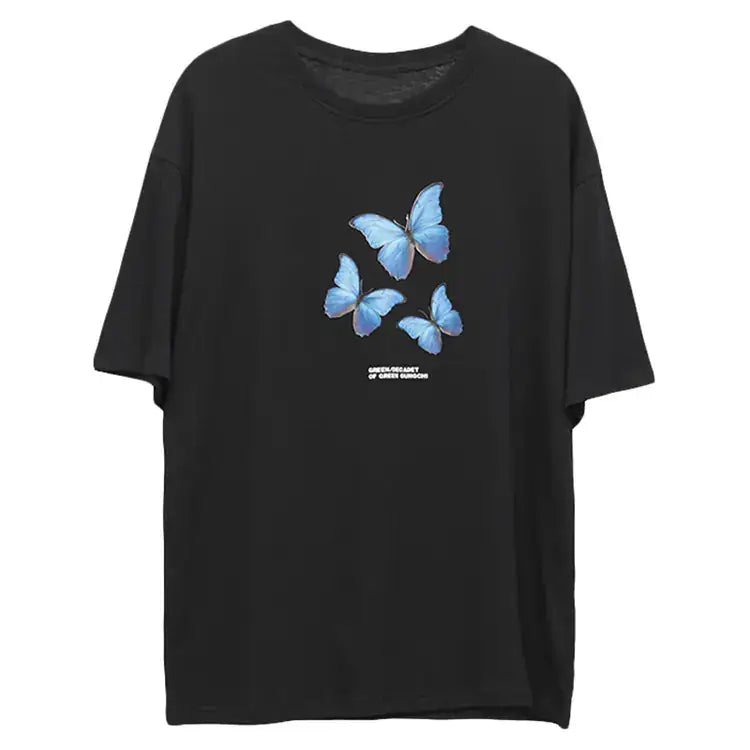 Short Sleeve T-Shirt for Women featuring a vibrant butterfly print on a black background.