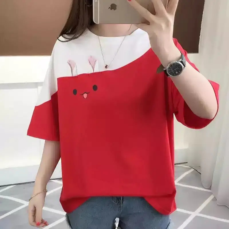 Cute rabbit embroidered Women's Short Sleeve T-Shirt in red and white, perfect for casual outings.