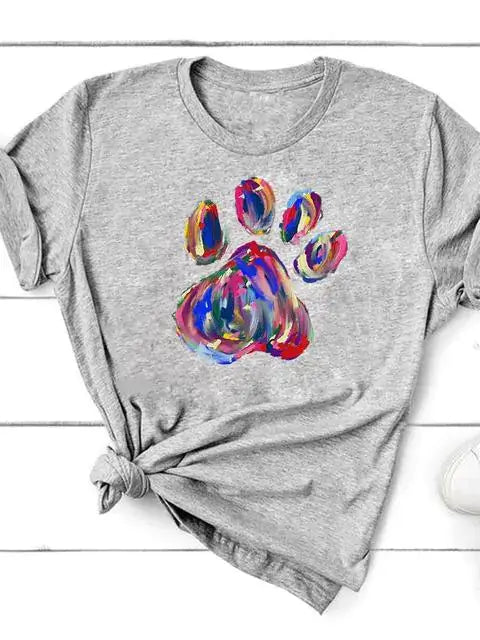 Short Sleeve T-Shirt for Women featuring a colorful paw print design on a gray background.