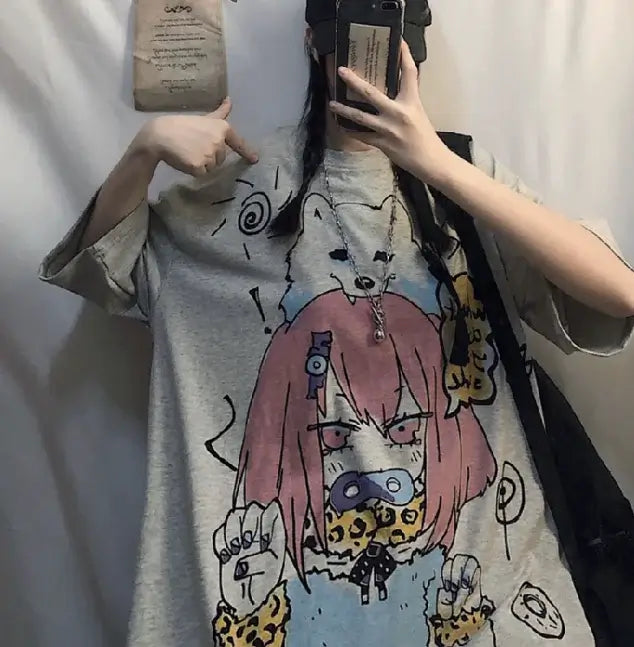 Short Sleeve T-Shirt for Women featuring trendy anime cartoon pattern in comfortable fit.