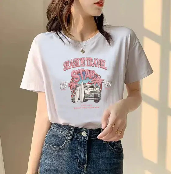 Short Sleeve T-Shirt For Women's featuring a Seaside Travel graphic, perfect for casual outings.