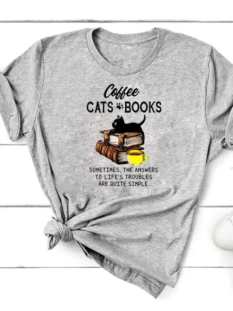 Short Sleeve T-Shirt for Women featuring a cat, books, and coffee design, perfect for pet lovers and casual wear.