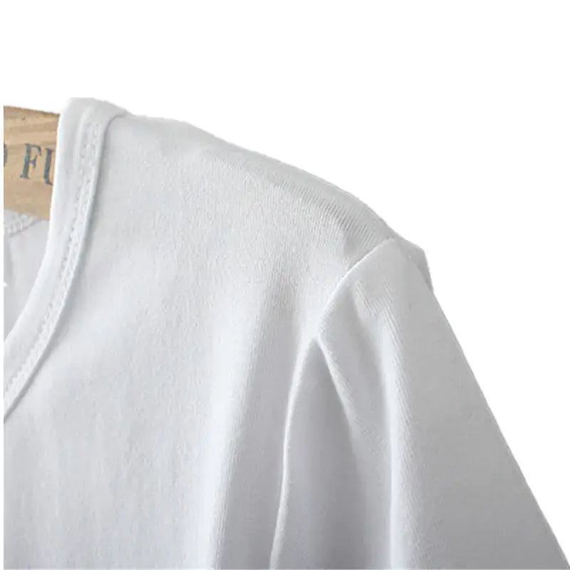 Women's Short Sleeve T-Shirt close-up showing fabric texture and neckline detail of a white t-shirt.