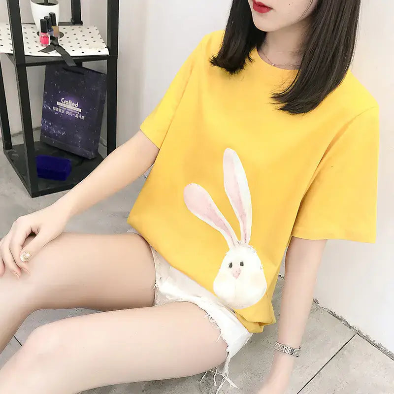 Short Sleeve T-Shirt for Women in bright yellow with playful bunny design, perfect for summer style.