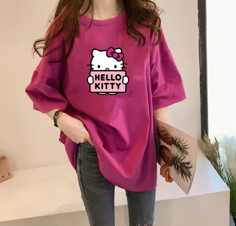 Short Sleeve T-Shirt For Women's featuring a cute Hello Kitty print in pink color, perfect for casual wear.