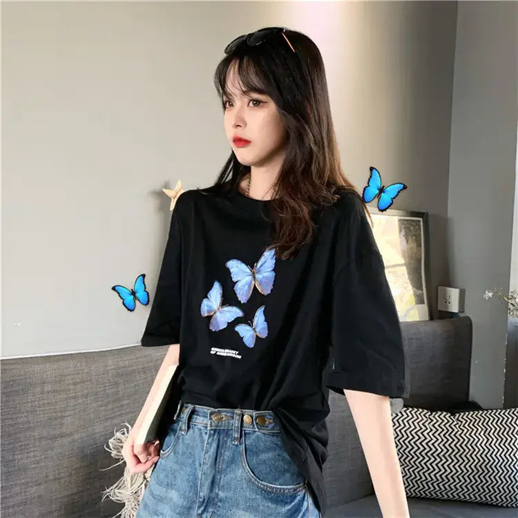 Short Sleeve T-Shirt for Women featuring a butterfly print, perfect for summer style and comfort.