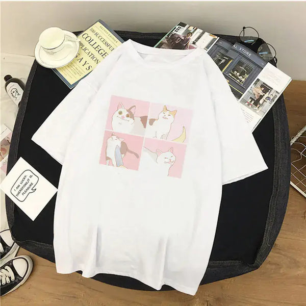 Women's Short Sleeve T-Shirt featuring quirky cartoon cat print on a white background.