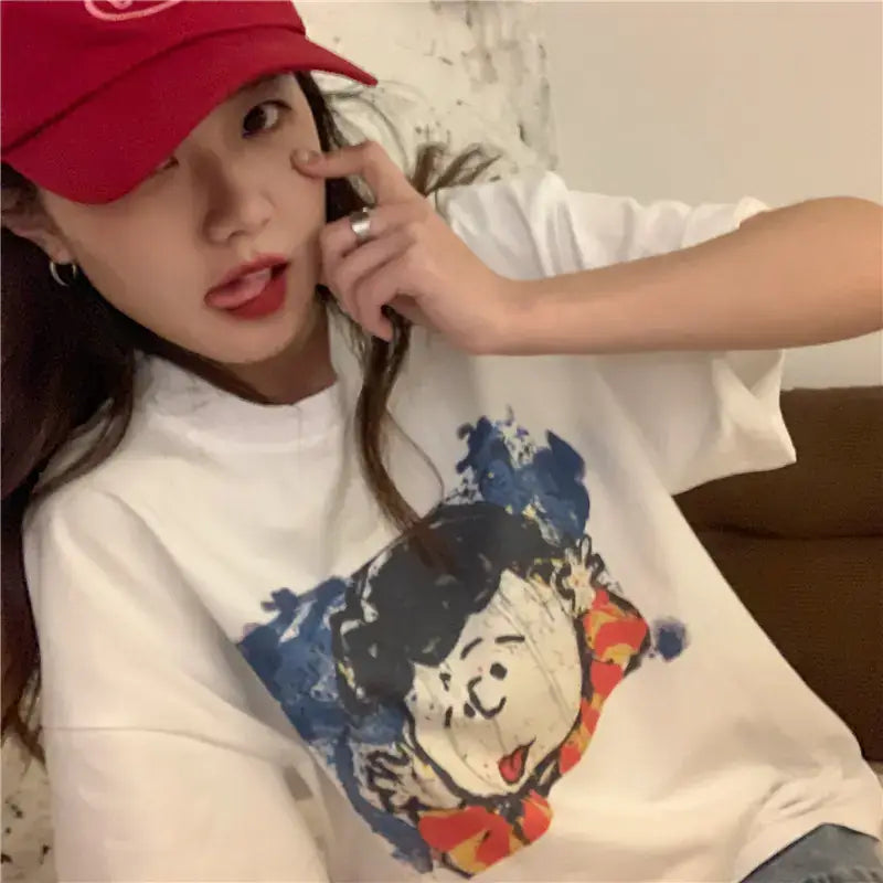 Short Sleeve T-Shirt for Women featuring a fun cartoon design, perfect for summer style and comfort.