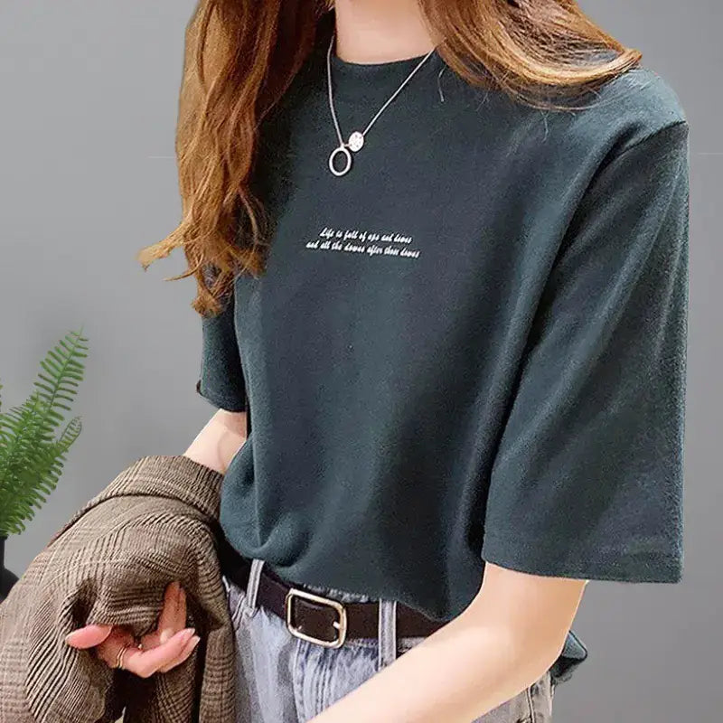 Short Sleeve T-Shirt for Women in dark green, featuring a classic round neck and casual fit, perfect for summer outings.