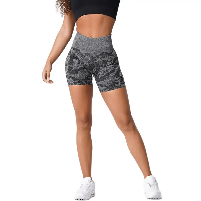 Model wearing Blissful Touch Stretch Shorts with a stylish high waist and breathable design.